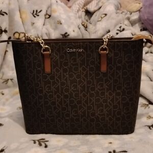 Calvin Klein Dark & Light Brown Monogram Logo Structured Tote Gold Hardware